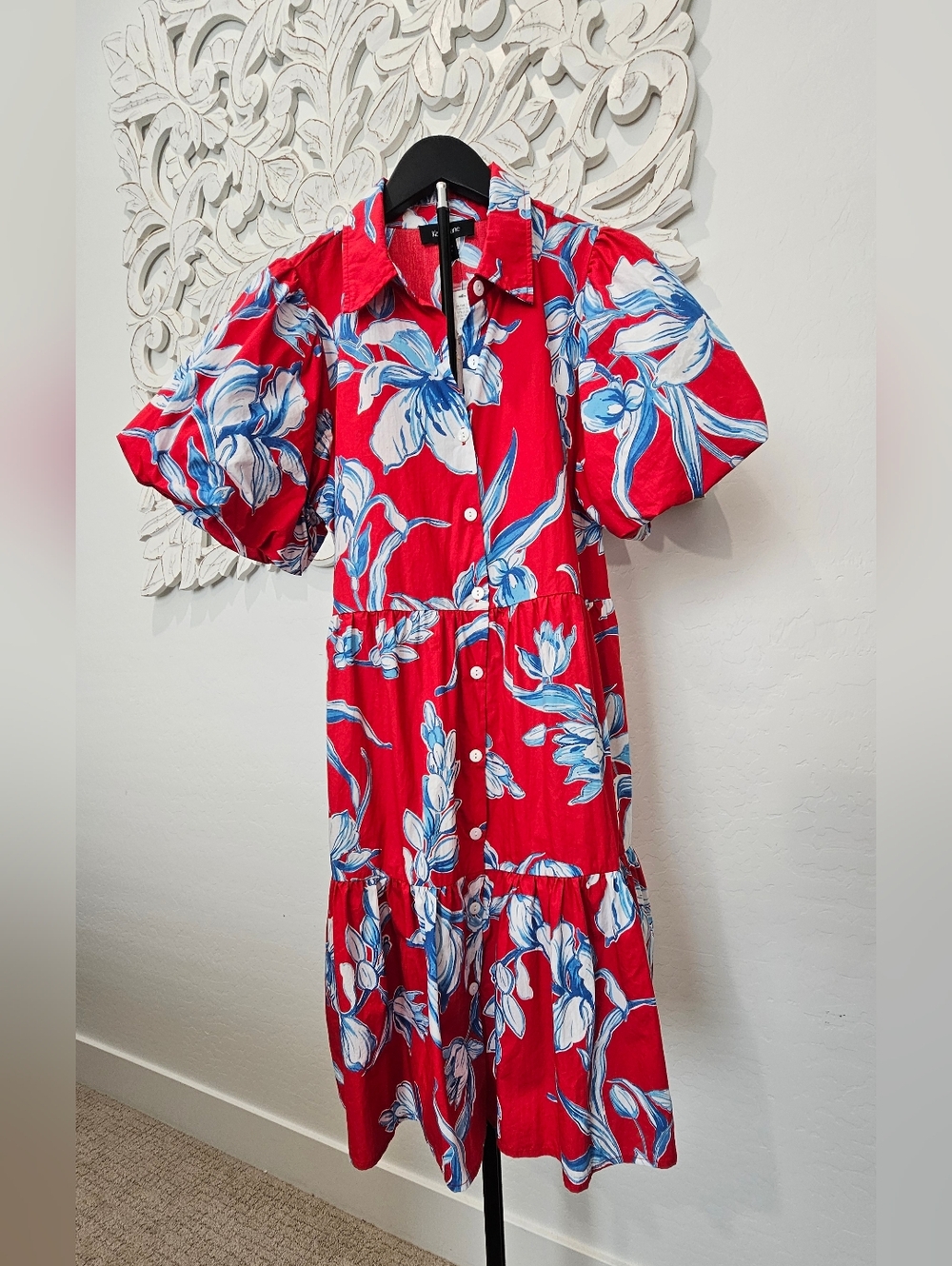 Karen Kane Red Floral Button-Front Puff Sleeve Tiered Midi Dress Women's Sz Med - Picture 2 of 9